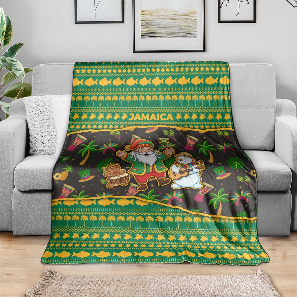 Jamaica Christmas Blanket with Rasta Santa Snowman Gingerbread Drummer Palm Trees and Green Yellow Knit Pattern Design - Wonder Print Shop