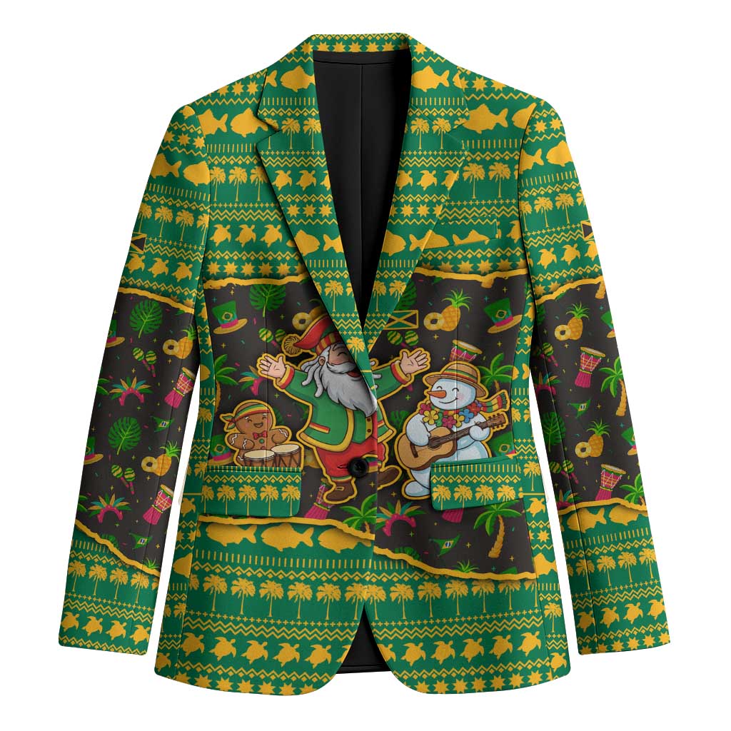Jamaica Christmas Blazer with Rasta Santa Snowman Gingerbread Drummer Palm Trees and Green Yellow Knit Pattern Design - Wonder Print Shop