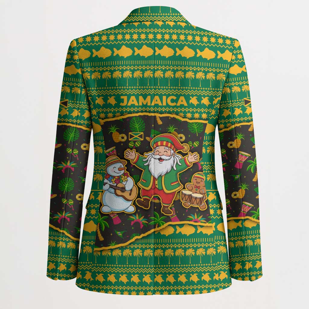 Jamaica Christmas Blazer with Rasta Santa Snowman Gingerbread Drummer Palm Trees and Green Yellow Knit Pattern Design - Wonder Print Shop