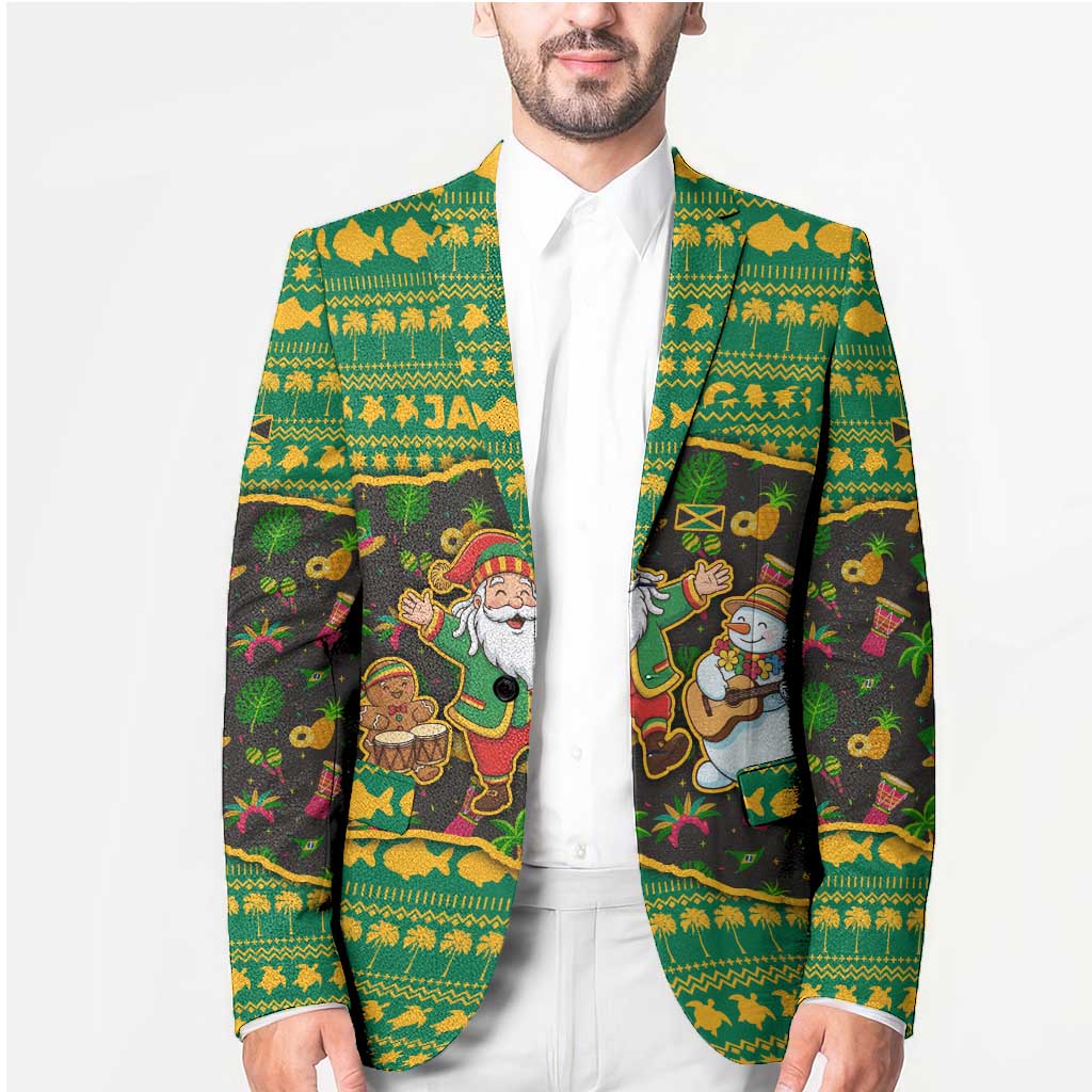 Jamaica Christmas Blazer with Rasta Santa Snowman Gingerbread Drummer Palm Trees and Green Yellow Knit Pattern Design - Wonder Print Shop