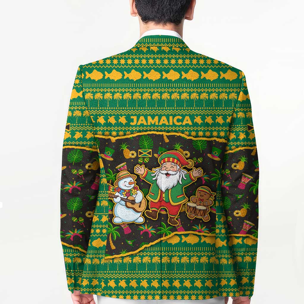 Jamaica Christmas Blazer with Rasta Santa Snowman Gingerbread Drummer Palm Trees and Green Yellow Knit Pattern Design - Wonder Print Shop