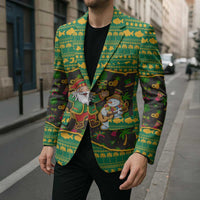 Jamaica Christmas Blazer with Rasta Santa Snowman Gingerbread Drummer Palm Trees and Green Yellow Knit Pattern Design - Wonder Print Shop