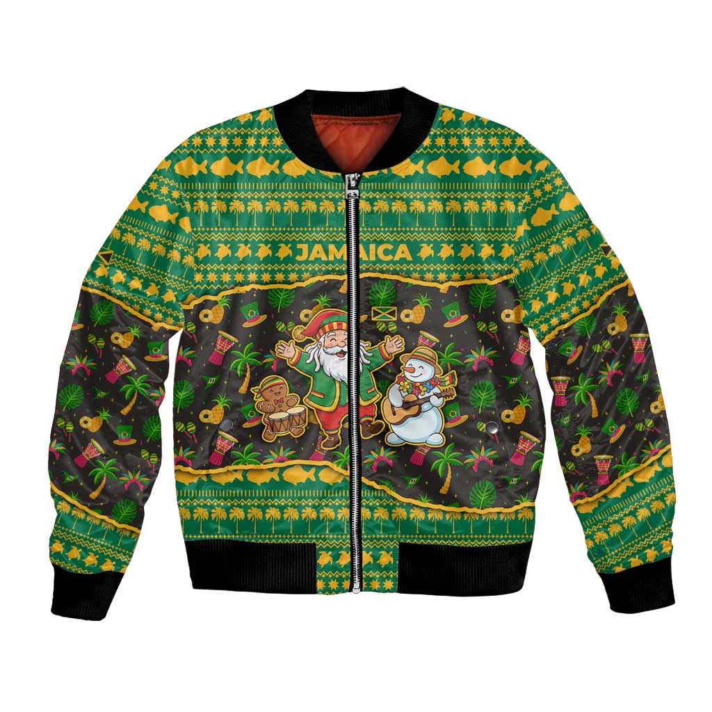 Jamaica Christmas Bomber Jacket with Rasta Santa Snowman Gingerbread Drummer Palm Trees and Green Yellow Knit Pattern Design - Wonder Print Shop