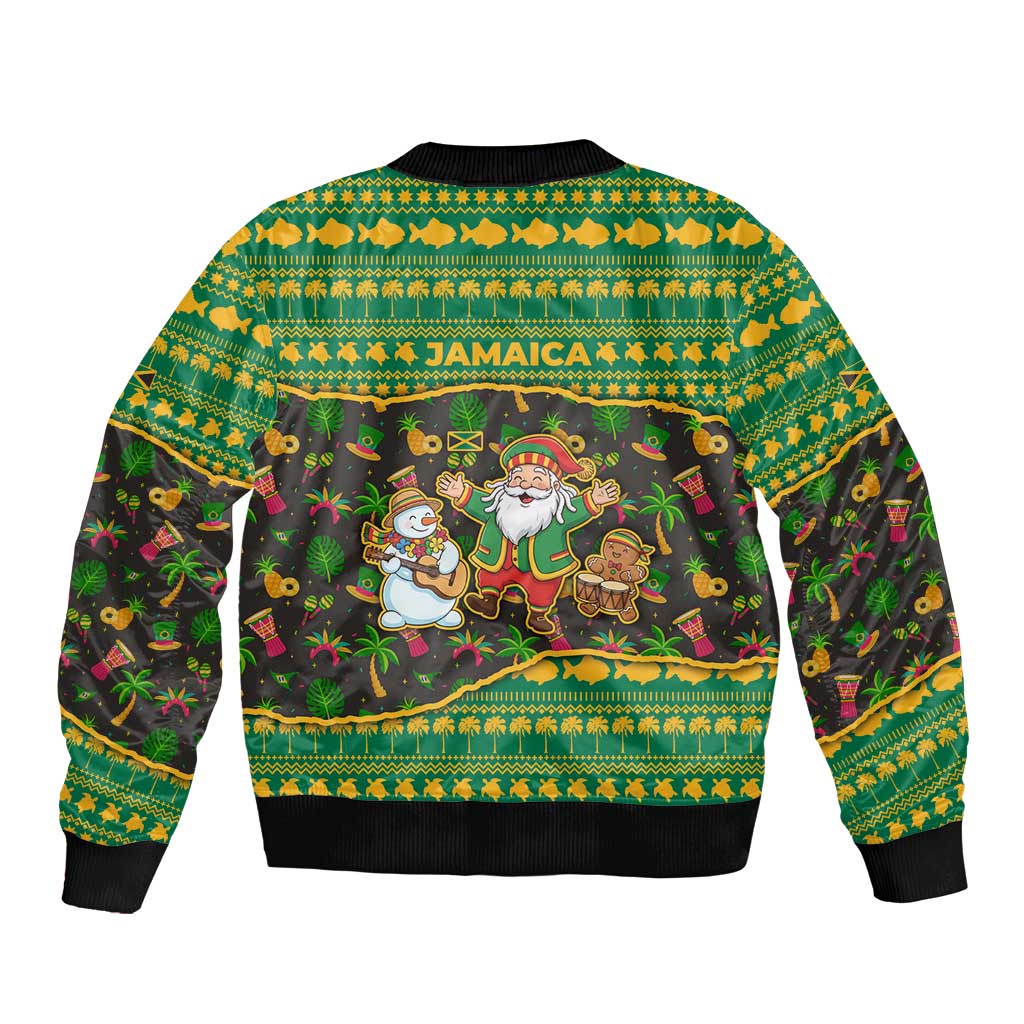 Jamaica Christmas Bomber Jacket with Rasta Santa Snowman Gingerbread Drummer Palm Trees and Green Yellow Knit Pattern Design - Wonder Print Shop