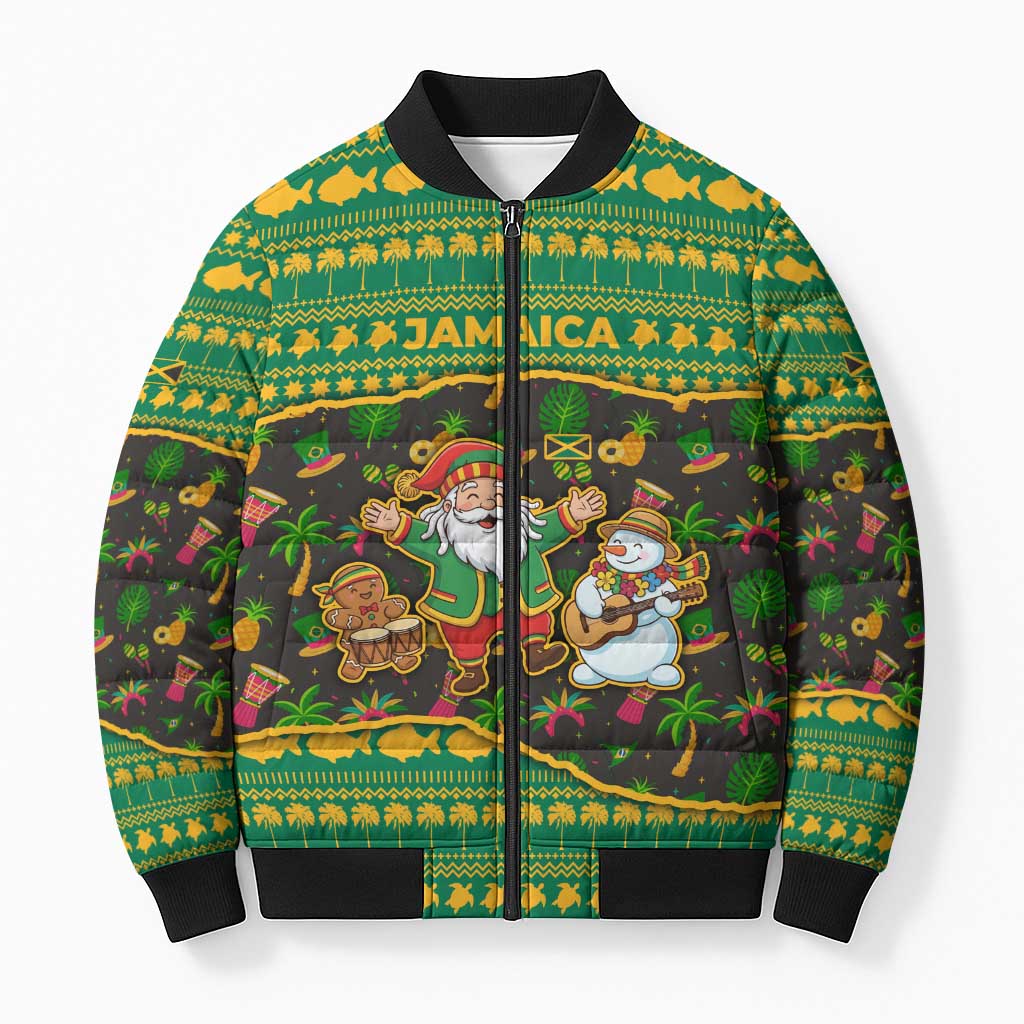 Jamaica Christmas Bomber Puffer Jacket with Rasta Santa Snowman Gingerbread Drummer Palm Trees and Green Yellow Knit Pattern Design - Wonder Print Shop