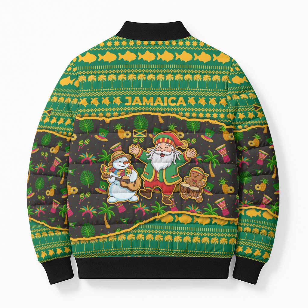 Jamaica Christmas Bomber Puffer Jacket with Rasta Santa Snowman Gingerbread Drummer Palm Trees and Green Yellow Knit Pattern Design - Wonder Print Shop