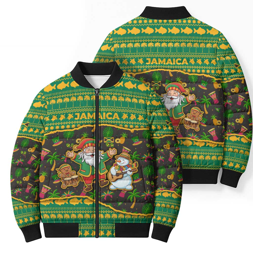 Jamaica Christmas Bomber Puffer Jacket with Rasta Santa Snowman Gingerbread Drummer Palm Trees and Green Yellow Knit Pattern Design - Wonder Print Shop