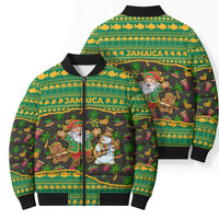 Jamaica Christmas Bomber Puffer Jacket with Rasta Santa Snowman Gingerbread Drummer Palm Trees and Green Yellow Knit Pattern Design - Wonder Print Shop