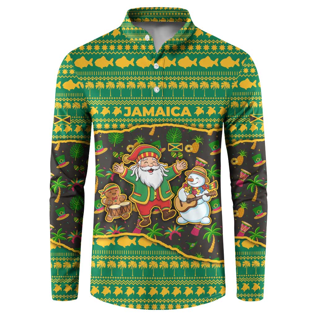 Jamaica Christmas Button Sweatshirt with Rasta Santa Snowman Gingerbread Drummer Palm Trees and Green Yellow Knit Pattern Design - Wonder Print Shop