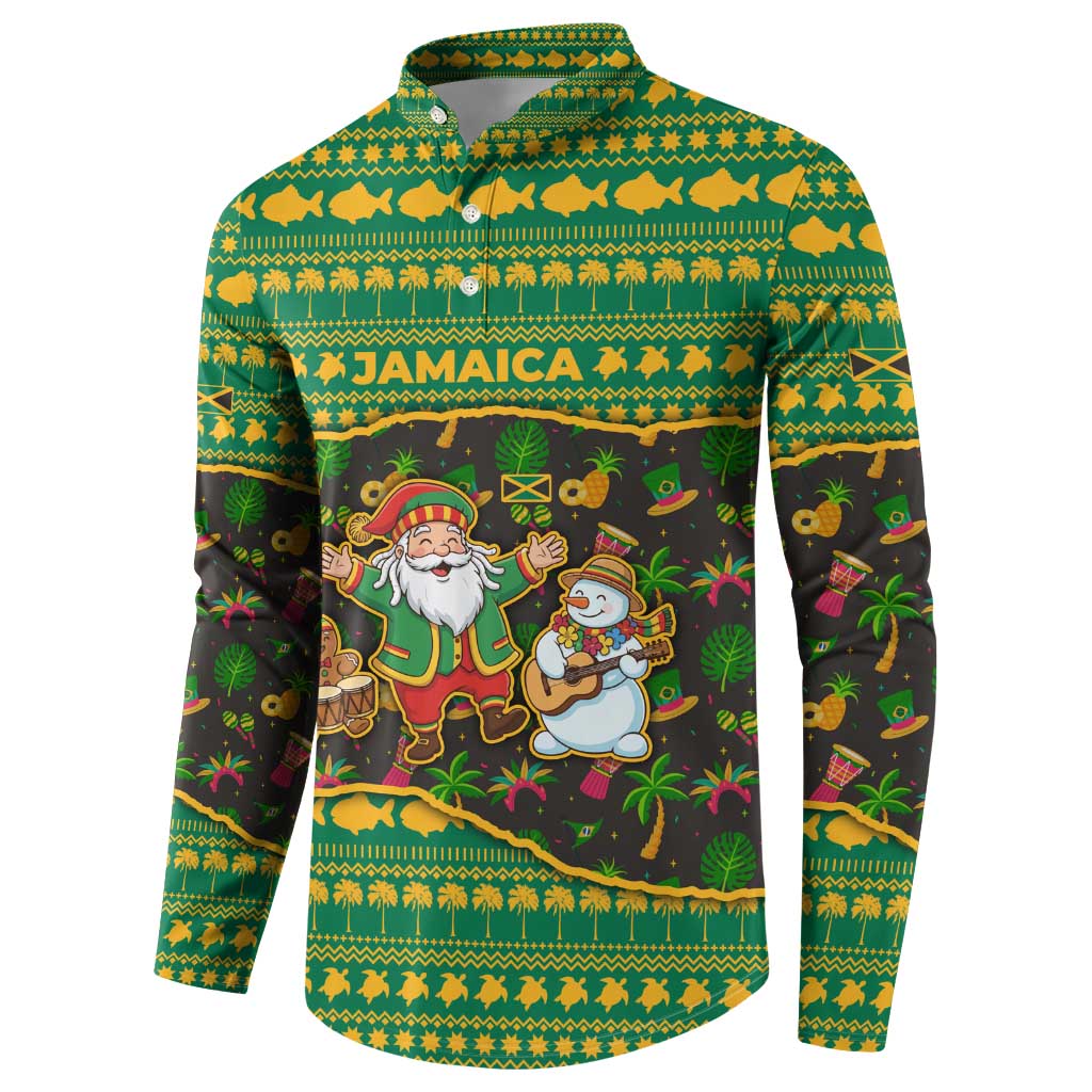Jamaica Christmas Button Sweatshirt with Rasta Santa Snowman Gingerbread Drummer Palm Trees and Green Yellow Knit Pattern Design - Wonder Print Shop