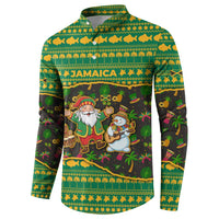 Jamaica Christmas Button Sweatshirt with Rasta Santa Snowman Gingerbread Drummer Palm Trees and Green Yellow Knit Pattern Design - Wonder Print Shop