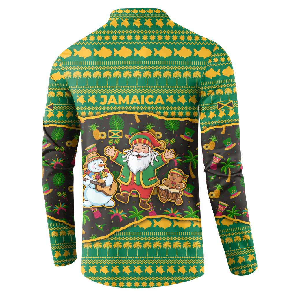 Jamaica Christmas Button Sweatshirt with Rasta Santa Snowman Gingerbread Drummer Palm Trees and Green Yellow Knit Pattern Design - Wonder Print Shop