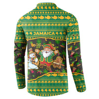 Jamaica Christmas Button Sweatshirt with Rasta Santa Snowman Gingerbread Drummer Palm Trees and Green Yellow Knit Pattern Design - Wonder Print Shop