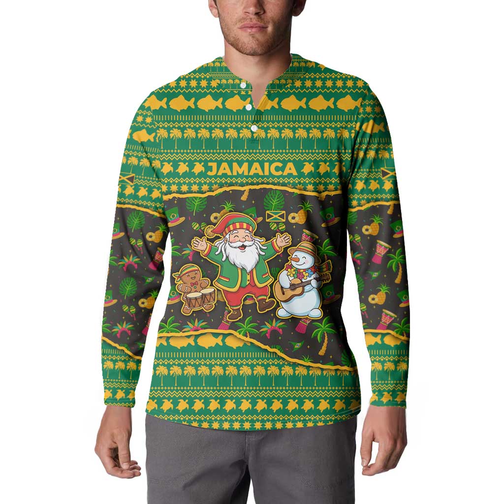 Jamaica Christmas Button Sweatshirt with Rasta Santa Snowman Gingerbread Drummer Palm Trees and Green Yellow Knit Pattern Design - Wonder Print Shop