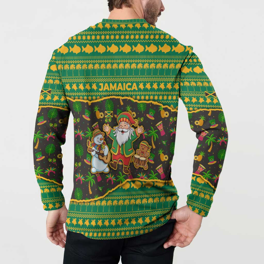 Jamaica Christmas Button Sweatshirt with Rasta Santa Snowman Gingerbread Drummer Palm Trees and Green Yellow Knit Pattern Design - Wonder Print Shop
