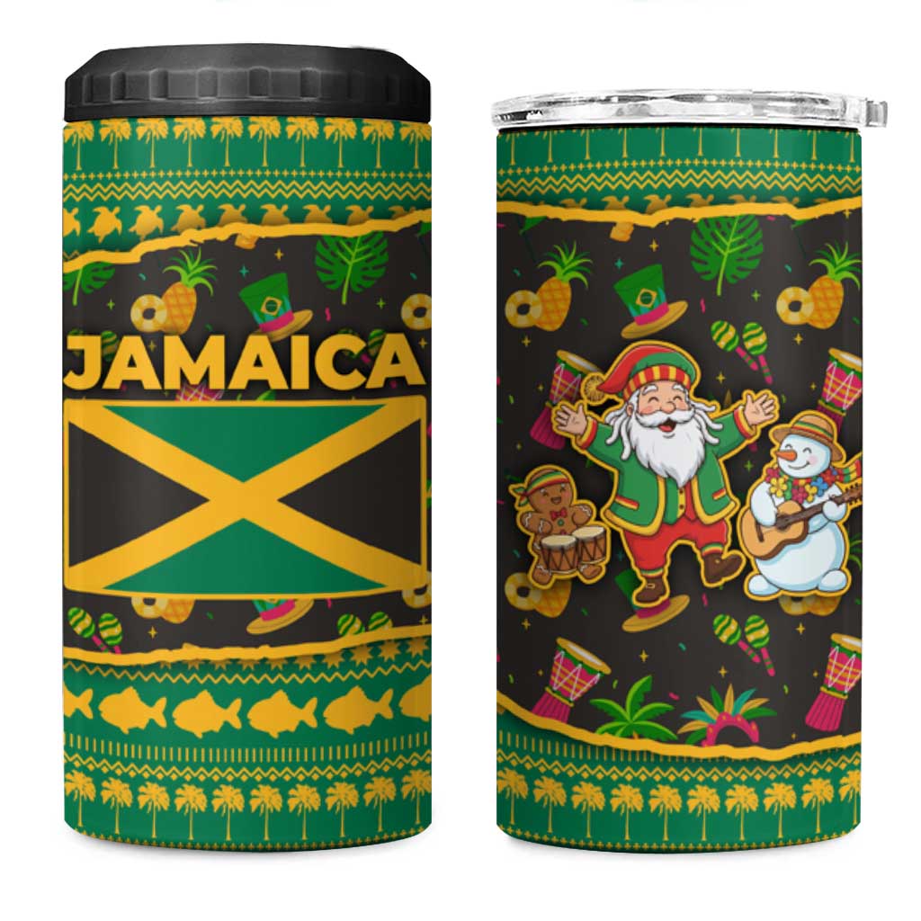 Jamaica Christmas 4 in 1 Can Cooler Tumbler with Rasta Santa Snowman Gingerbread Drummer Palm Trees and Green Yellow Knit Pattern Design - Wonder Print Shop