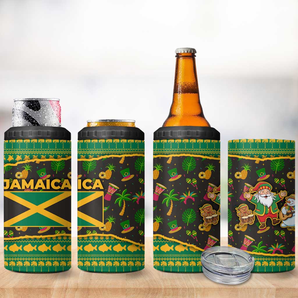 Jamaica Christmas 4 in 1 Can Cooler Tumbler with Rasta Santa Snowman Gingerbread Drummer Palm Trees and Green Yellow Knit Pattern Design - Wonder Print Shop