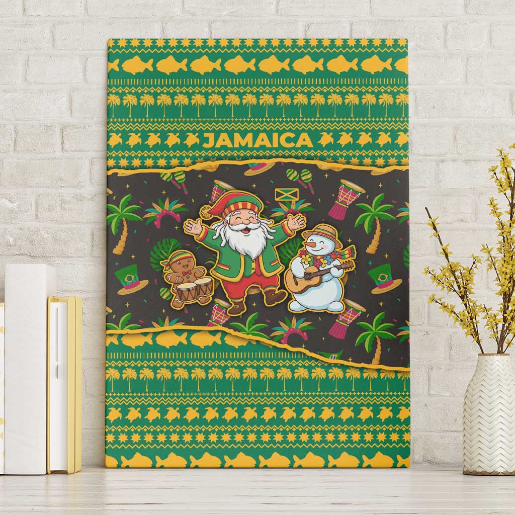Jamaica Christmas Canvas Wall Art with Rasta Santa Snowman Gingerbread Drummer Palm Trees and Green Yellow Knit Pattern Design - Wonder Print Shop