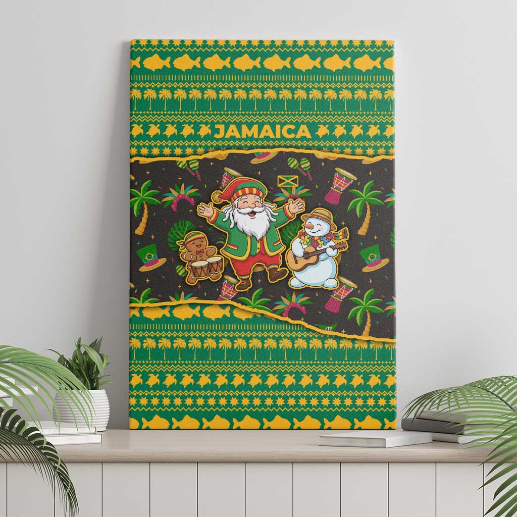 Jamaica Christmas Canvas Wall Art with Rasta Santa Snowman Gingerbread Drummer Palm Trees and Green Yellow Knit Pattern Design - Wonder Print Shop