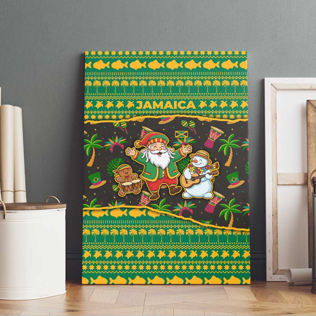 Jamaica Christmas Canvas Wall Art with Rasta Santa Snowman Gingerbread Drummer Palm Trees and Green Yellow Knit Pattern Design - Wonder Print Shop