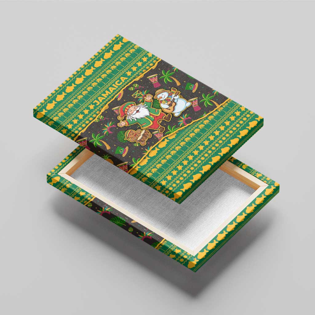 Jamaica Christmas Canvas Wall Art with Rasta Santa Snowman Gingerbread Drummer Palm Trees and Green Yellow Knit Pattern Design - Wonder Print Shop