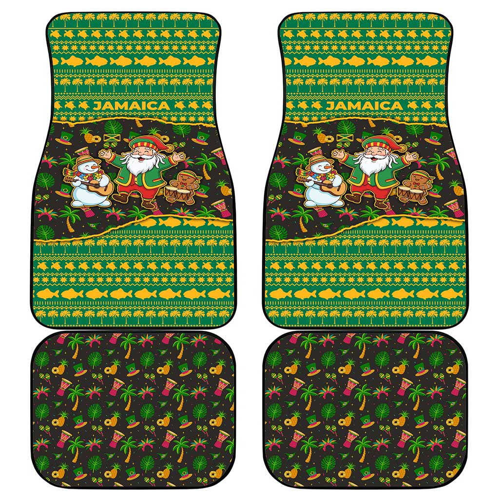 Jamaica Christmas Car Mats with Rasta Santa Snowman Gingerbread Drummer Palm Trees and Green Yellow Knit Pattern Design - Wonder Print Shop
