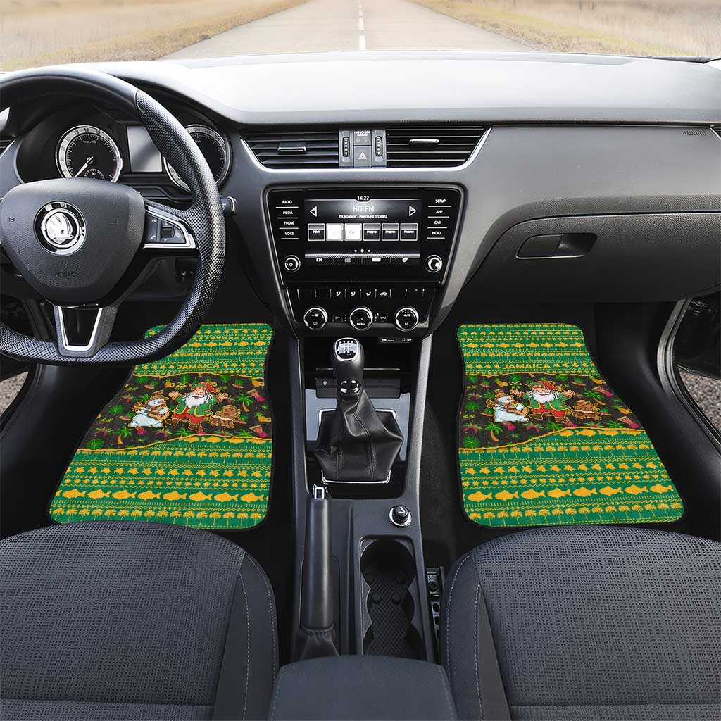 Jamaica Christmas Car Mats with Rasta Santa Snowman Gingerbread Drummer Palm Trees and Green Yellow Knit Pattern Design - Wonder Print Shop
