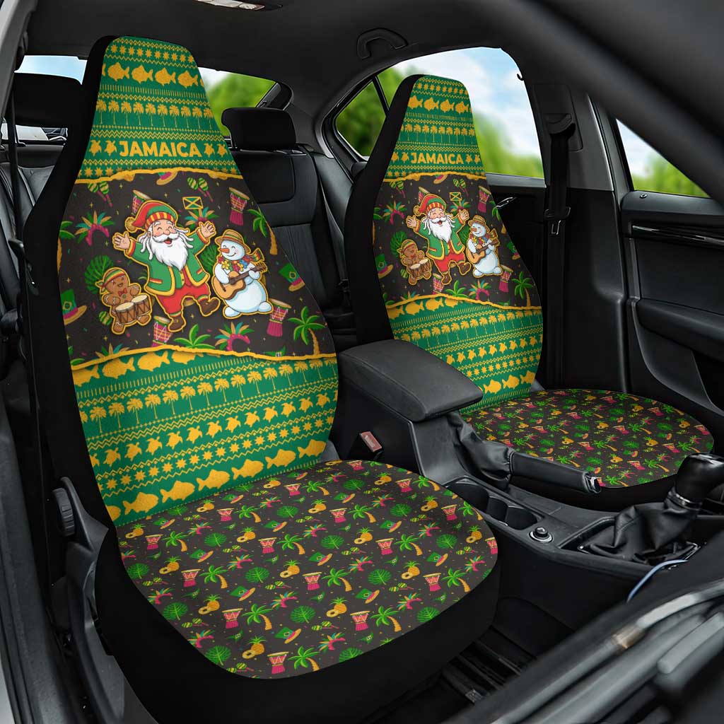 Jamaica Christmas Car Seat Cover with Rasta Santa Snowman Gingerbread Drummer Palm Trees and Green Yellow Knit Pattern Design - Wonder Print Shop