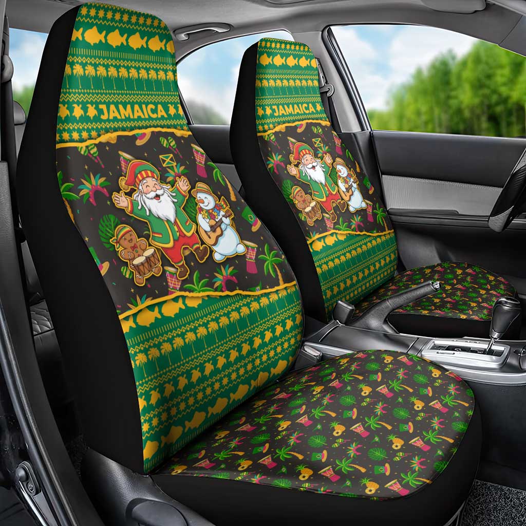 Jamaica Christmas Car Seat Cover with Rasta Santa Snowman Gingerbread Drummer Palm Trees and Green Yellow Knit Pattern Design - Wonder Print Shop