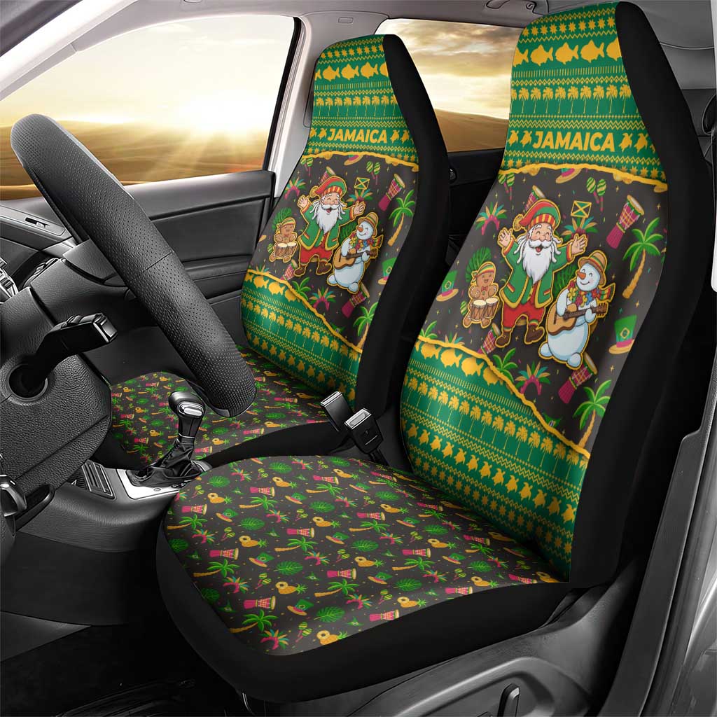 Jamaica Christmas Car Seat Cover with Rasta Santa Snowman Gingerbread Drummer Palm Trees and Green Yellow Knit Pattern Design - Wonder Print Shop