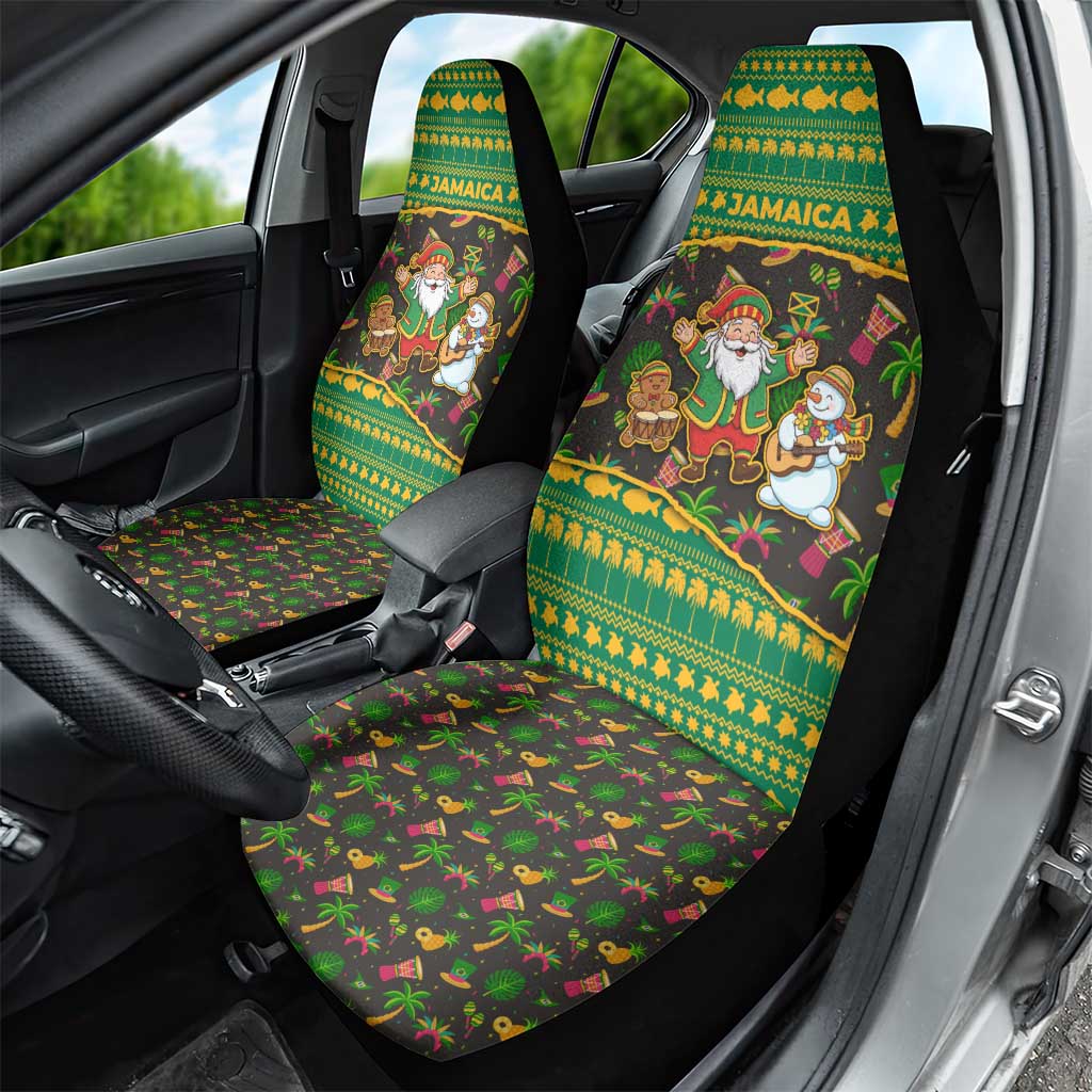 Jamaica Christmas Car Seat Cover with Rasta Santa Snowman Gingerbread Drummer Palm Trees and Green Yellow Knit Pattern Design - Wonder Print Shop