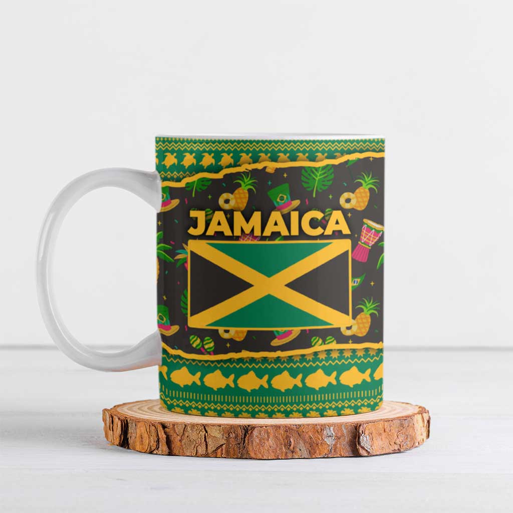 Jamaica Christmas Ceramic Mug with Rasta Santa Snowman Gingerbread Drummer Palm Trees and Green Yellow Knit Pattern Design - Wonder Print Shop