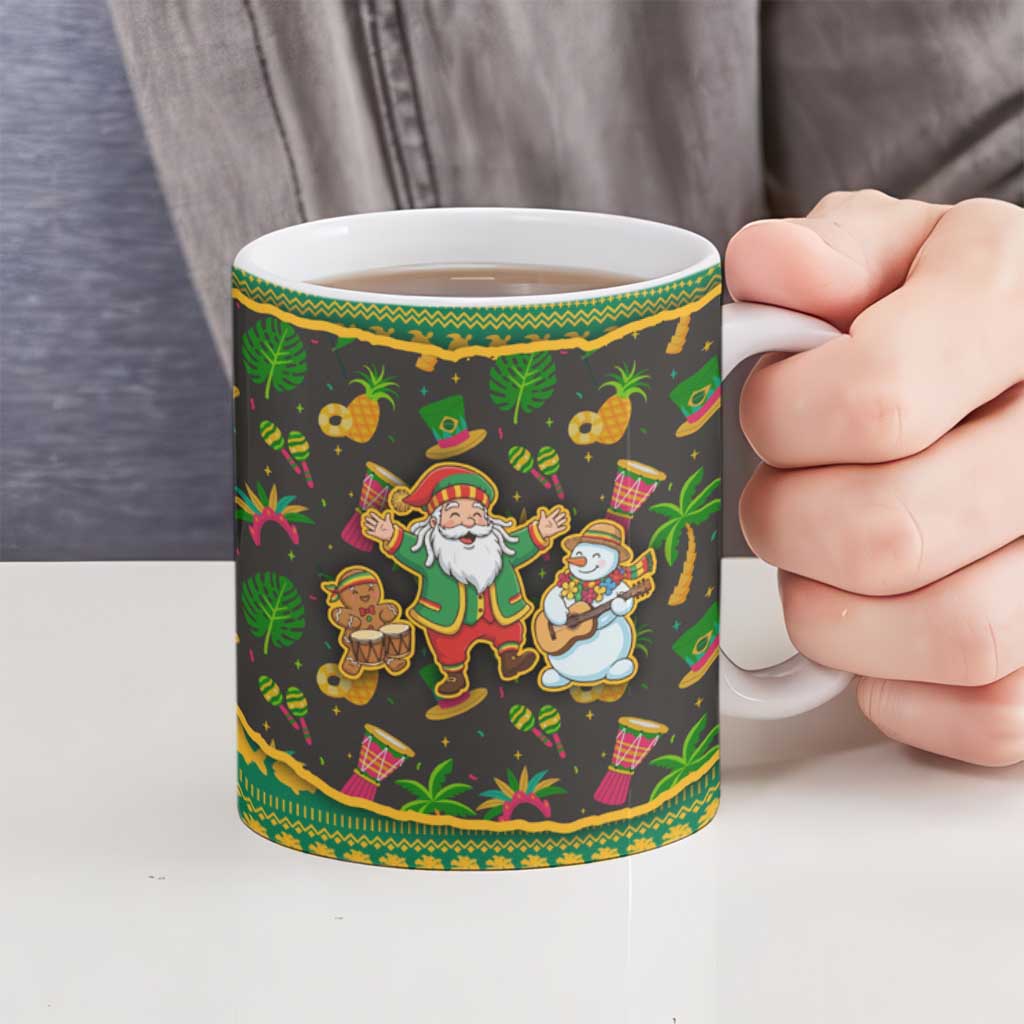 Jamaica Christmas Ceramic Mug with Rasta Santa Snowman Gingerbread Drummer Palm Trees and Green Yellow Knit Pattern Design - Wonder Print Shop