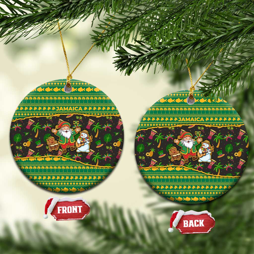 Jamaica Christmas Ceramic Ornament with Rasta Santa Snowman Gingerbread Drummer Palm Trees and Green Yellow Knit Pattern Design - Wonder Print Shop