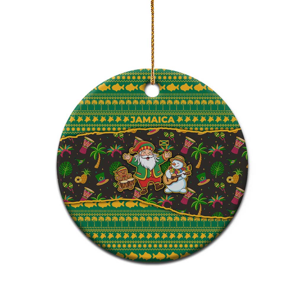 Jamaica Christmas Ceramic Ornament with Rasta Santa Snowman Gingerbread Drummer Palm Trees and Green Yellow Knit Pattern Design - Wonder Print Shop