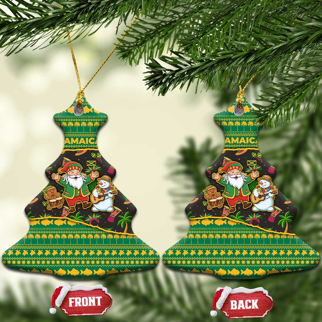 Jamaica Christmas Ceramic Ornament with Rasta Santa Snowman Gingerbread Drummer Palm Trees and Green Yellow Knit Pattern Design - Wonder Print Shop
