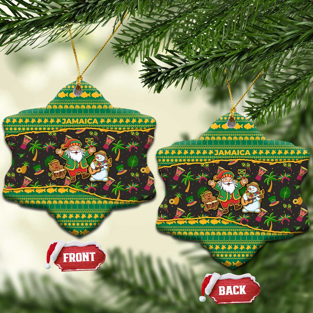 Jamaica Christmas Ceramic Ornament with Rasta Santa Snowman Gingerbread Drummer Palm Trees and Green Yellow Knit Pattern Design - Wonder Print Shop
