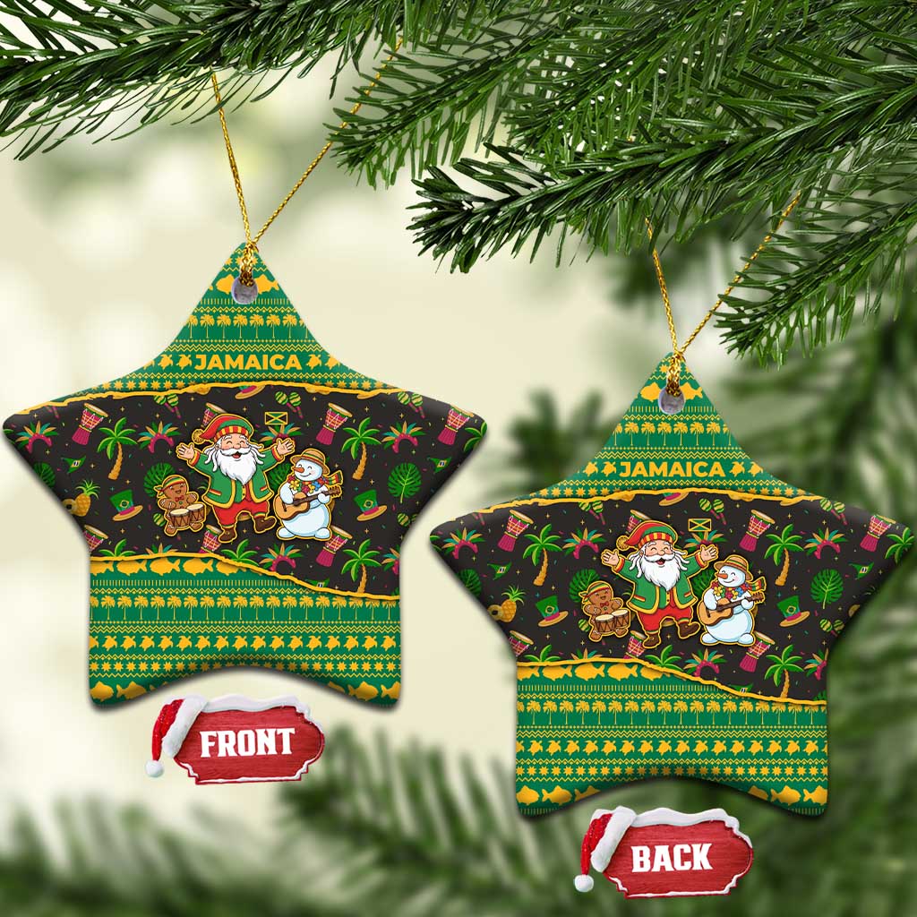 Jamaica Christmas Ceramic Ornament with Rasta Santa Snowman Gingerbread Drummer Palm Trees and Green Yellow Knit Pattern Design - Wonder Print Shop