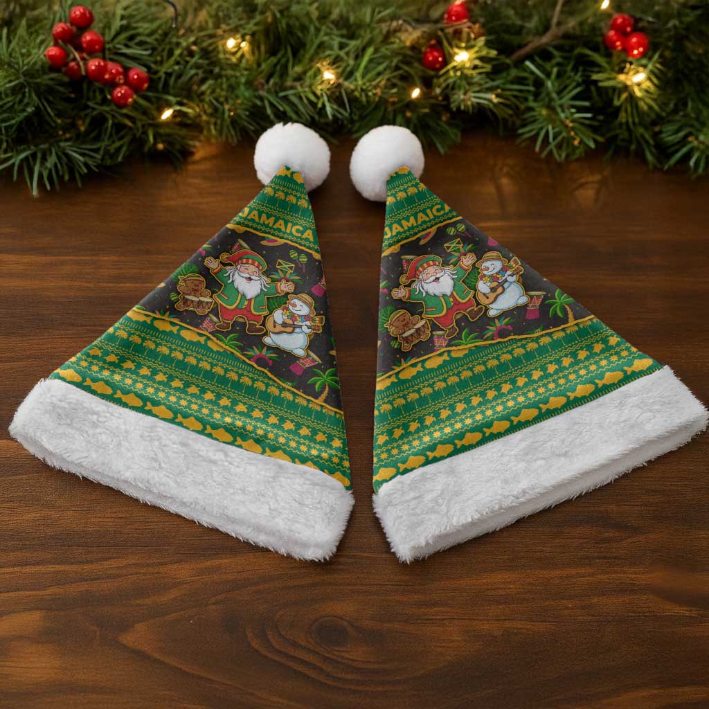 Jamaica Christmas Santa Hat with Rasta Santa Snowman Gingerbread Drummer Palm Trees and Green Yellow Knit Pattern Design - Wonder Print Shop