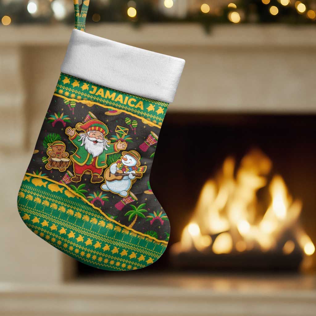 Jamaica Christmas Stocking with Rasta Santa Snowman Gingerbread Drummer Palm Trees and Green Yellow Knit Pattern Design - Wonder Print Shop