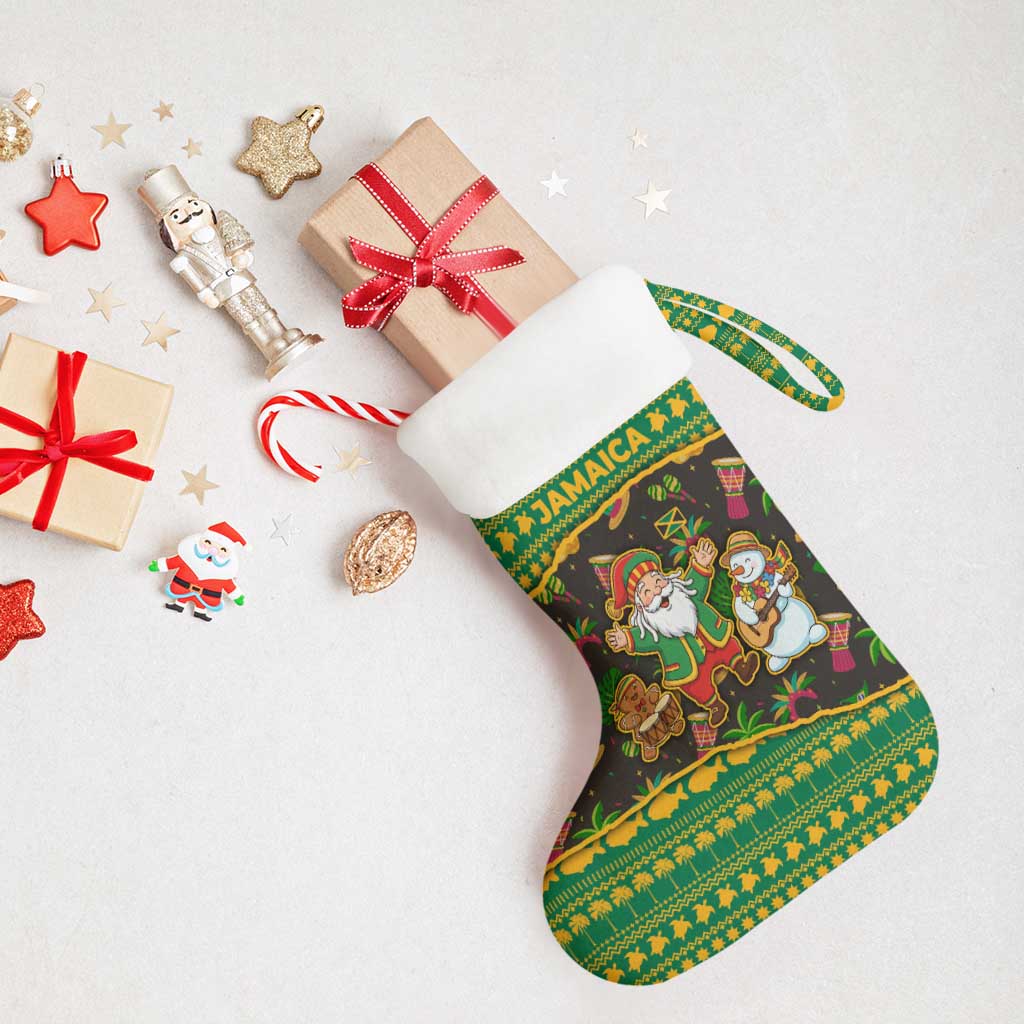 Jamaica Christmas Stocking with Rasta Santa Snowman Gingerbread Drummer Palm Trees and Green Yellow Knit Pattern Design - Wonder Print Shop