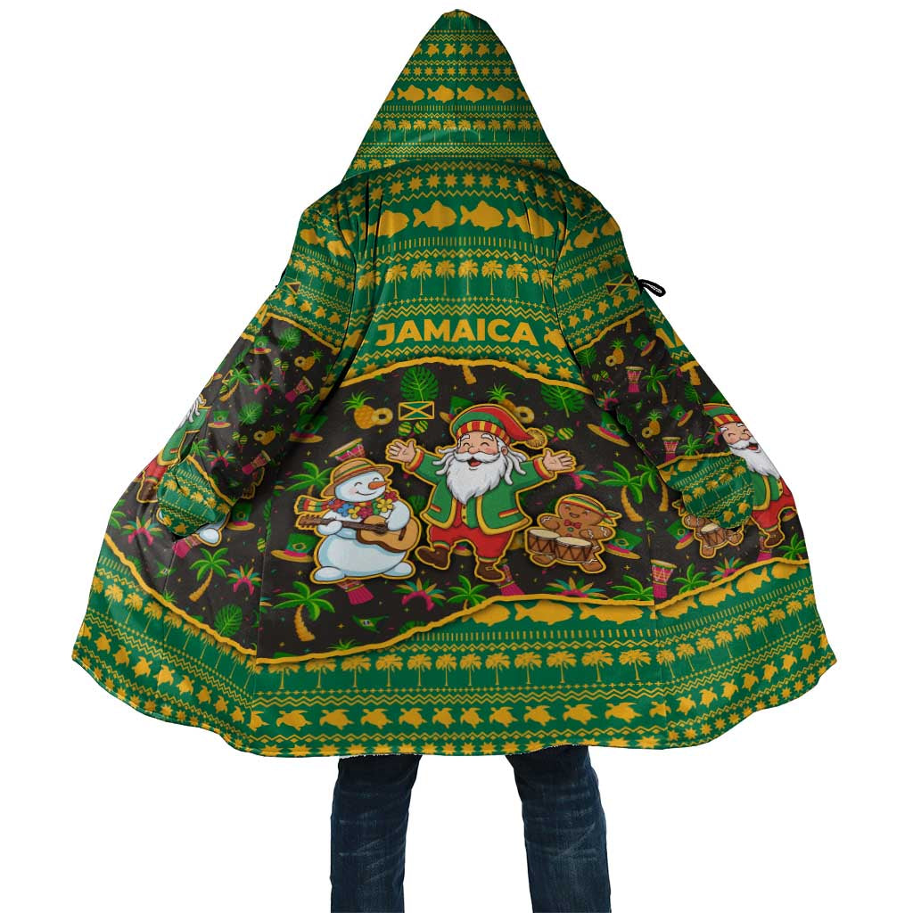 Jamaica Christmas Cloak with Rasta Santa Snowman Gingerbread Drummer Palm Trees and Green Yellow Knit Pattern Design - Wonder Print Shop