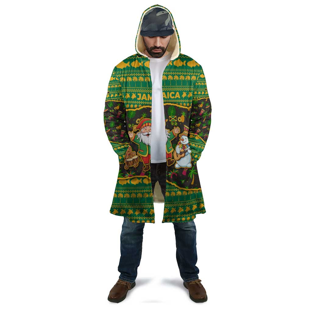 Jamaica Christmas Cloak with Rasta Santa Snowman Gingerbread Drummer Palm Trees and Green Yellow Knit Pattern Design - Wonder Print Shop