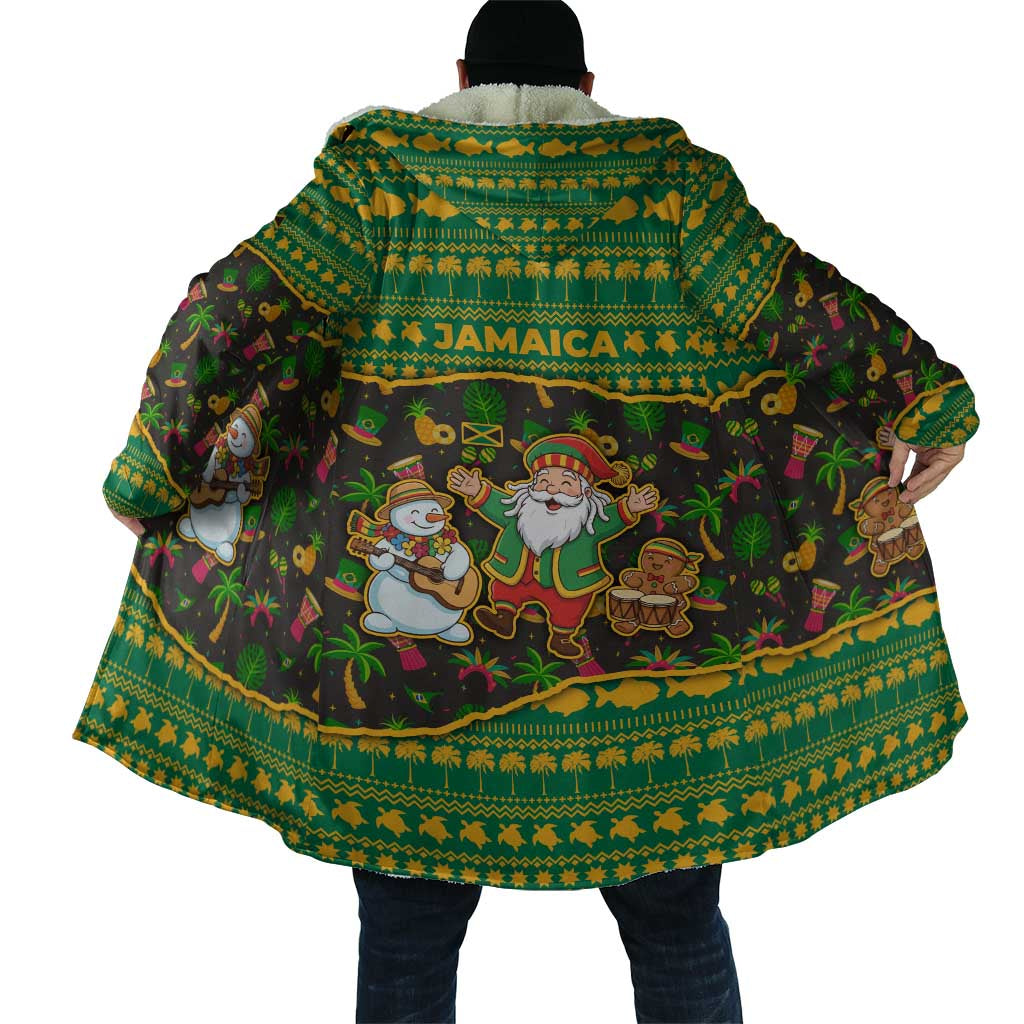 Jamaica Christmas Cloak with Rasta Santa Snowman Gingerbread Drummer Palm Trees and Green Yellow Knit Pattern Design - Wonder Print Shop
