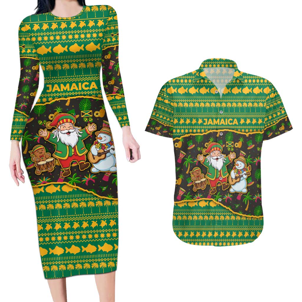 Jamaica Christmas Couples Matching Long Sleeve Bodycon Dress and Hawaiian Shirt with Rasta Santa Snowman Gingerbread Drummer Palm Trees and Green Yellow Knit Pattern Design - Wonder Print Shop