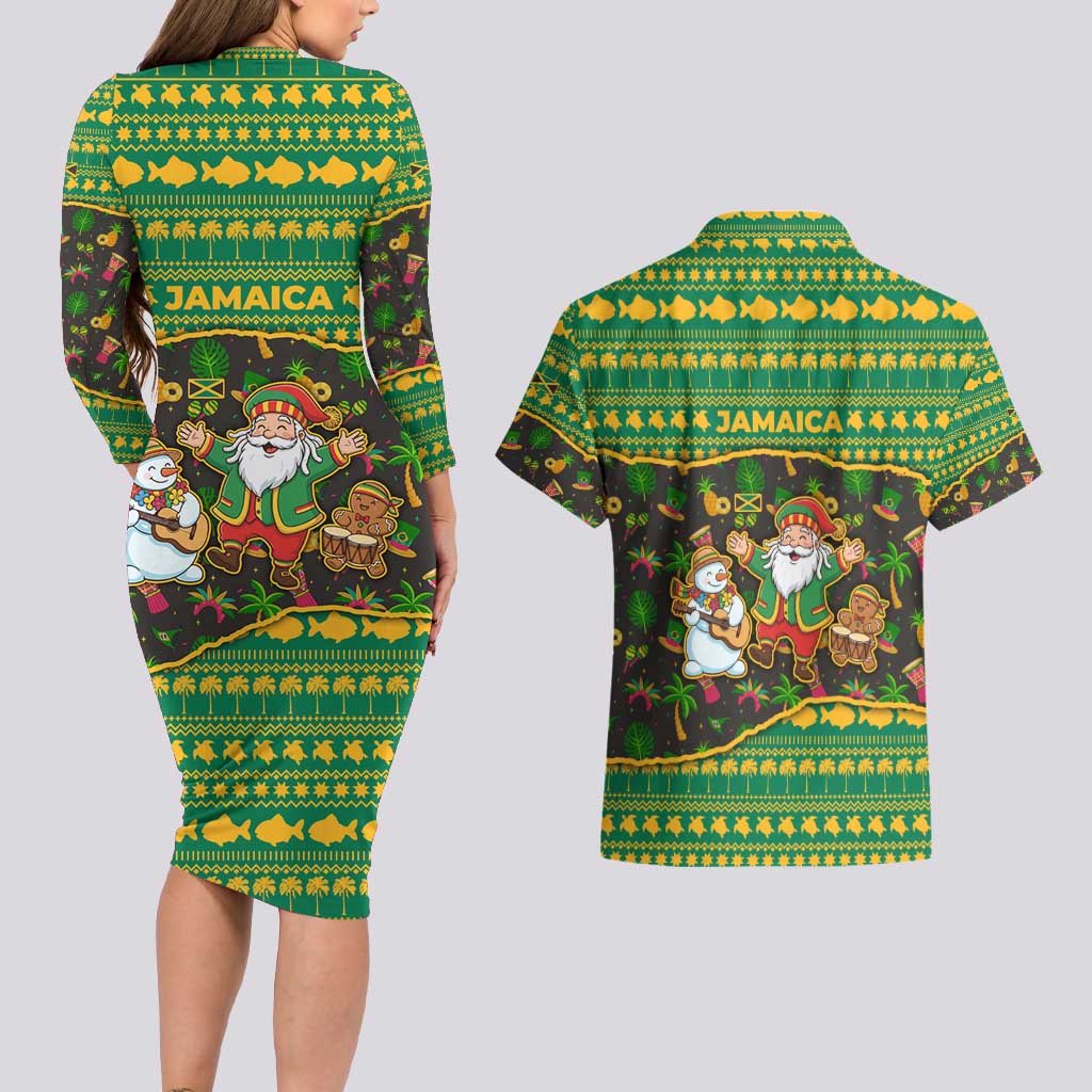 Jamaica Christmas Couples Matching Long Sleeve Bodycon Dress and Hawaiian Shirt with Rasta Santa Snowman Gingerbread Drummer Palm Trees and Green Yellow Knit Pattern Design - Wonder Print Shop