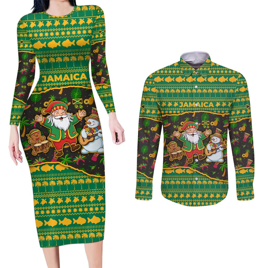 Jamaica Christmas Couples Matching Long Sleeve Bodycon Dress and Long Sleeve Button Shirt with Rasta Santa Snowman Gingerbread Drummer Palm Trees and Green Yellow Knit Pattern Design - Wonder Print Shop