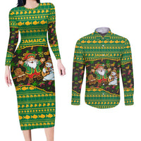 Jamaica Christmas Couples Matching Long Sleeve Bodycon Dress and Long Sleeve Button Shirt with Rasta Santa Snowman Gingerbread Drummer Palm Trees and Green Yellow Knit Pattern Design - Wonder Print Shop