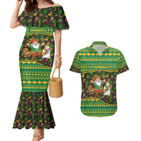 Jamaica Christmas Couples Matching Mermaid Dress and Hawaiian Shirt with Rasta Santa Snowman Gingerbread Drummer Palm Trees and Green Yellow Knit Pattern Design - Wonder Print Shop