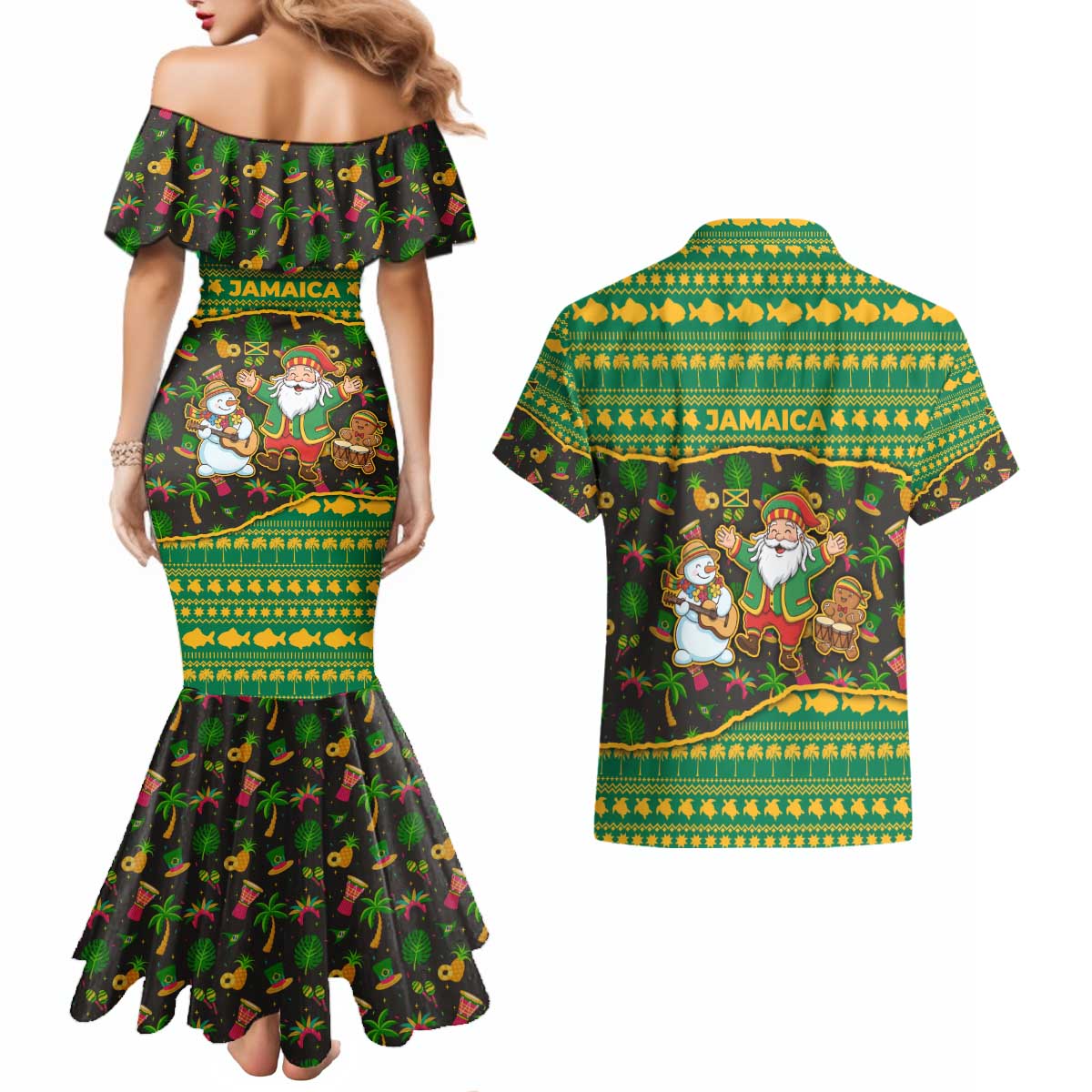 Jamaica Christmas Couples Matching Mermaid Dress and Hawaiian Shirt with Rasta Santa Snowman Gingerbread Drummer Palm Trees and Green Yellow Knit Pattern Design - Wonder Print Shop